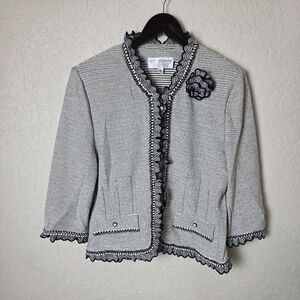St.John Collection Ruffle Knit  Trim Striped Jacket Cardigan Black White Size 10
